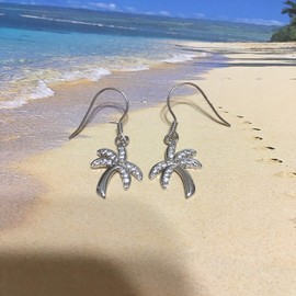Beautiful Hawaiian Large Palm Tree Earring, Sterling Silver Palm Tree CZ Dangle Earring, E4022A