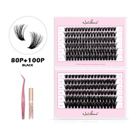 NATUHANA DIY Eyelash Extension Kit 80P + 100P Volume Lash Cluster 8-16 mm Mixed Tray 0.07 mm DIY Eyelash Extension 240 Pieces Eyelash Cluster Kit with Eyelash Tweezers & Glue (80p + 100p-Black 8-16