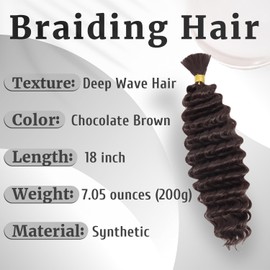 200G Braiding Hair for Boho Braids 18 Inch Curly Bohemian Hair for Braiding Knotless No Weft Deep Wave Water Bulk 2 Bundles Natural Color Chocolate Brown
