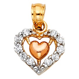 14k Gold Double Hearts Shape CZ Small Tiny Charm Pendant For Necklace or Chain