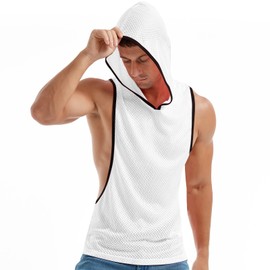 FIROTTII Men's Workout Hooded Tank Tops Bodybuilding Muscle Cut Off T Shirt Sleeveless Gym Hoodies White