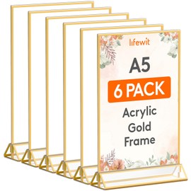 Lifewit 6 Pack A5(14.8 x 21cm) Acrylic Sign Holder with Gold Borders, Clear Vertical Double-sided Stand, Plastic Menu Holders, Table Number Holders Picture Frames for Wedding, Party, Restaurant decor