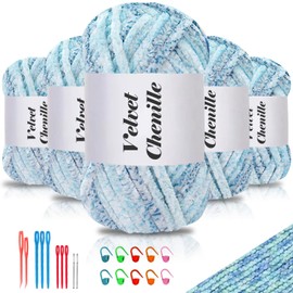 Maxee 500 g (5 x 100 g) Velvet Baby Wool, Velvet Chenille Yarn with Crochet Tools, Cuddly Soft Velvet Chenille Yarn, Fluffy, Soft Plush Wool, Crochet Yarn, Wool for Knitting and Crochet, Colour