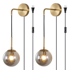 BOKT Mid Century Modern Wall Sconce Set of Two Plug in Gold Wall Sconce Light Smoke Gray Glass Wall Lighting Fixture Set of 2 Plug in Cord Brushed Brass Minimalist Wall Lamp (Smoky Grey)