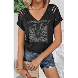 Western V Neck T Shirts for Women Cowgirls Vintage Leopard Cow Skull Graphic Tees Casual Boho Shirt Cowboy Country Tops (XXL, CowSkull-Black)