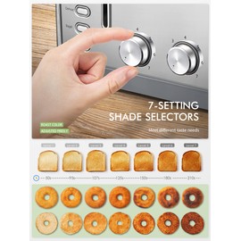 Toaster 4 Slice, Extra Wide Slots, Stainless Steel with High Lift Lever, Bagel and Muffin Function, Removal Crumb Tray, 7-Shade Settings with Warming Rack, Silver, Yabano
