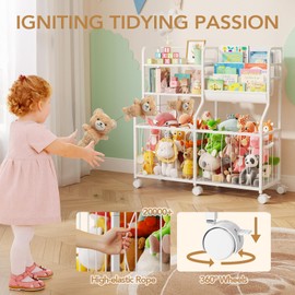BBLIKE Stuffed Animal Storage Organizer - Rolling Kids Bookshelf and Toy Storage with 3 Tiered Book Display and Toy Chest - Rolling Furniture for Kids Room, Playroom, Bedroom, Nursery, White