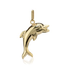 NKlaus Dolphin Pendant on Both Sides 375 Yellow Gold 9 Carat High Gloss 22.1 mm Dolphin 4177, Yellow Gold