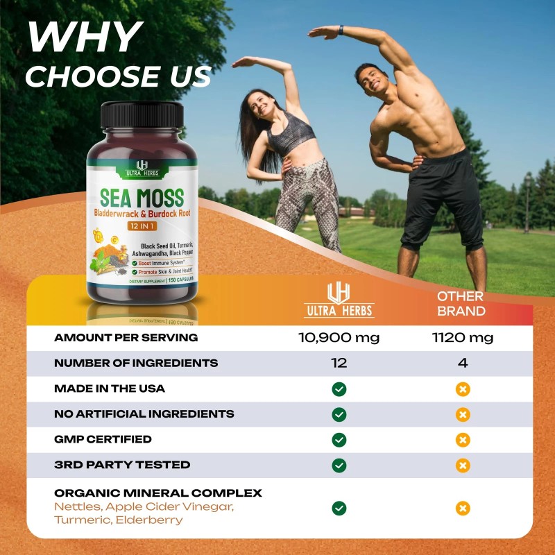 Ultra Herbs Sea Moss Supplement 150 Count 12900mg 12in1 Health
