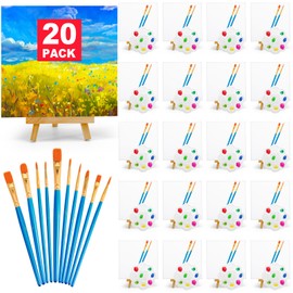 Gdotmely 20 Pack Mini Canvas and Easel Set, 5.9 X 5.9 inch Canvas for Drawing, Mini Painting Canvases with 50 Brushes & 20 Paint Trays, Art Painting Kits for Birthday Party Favors