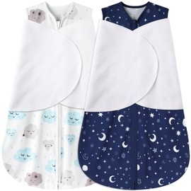 BSTOPPT Newborn Sleep Sack Baby Swaddle,3-6 Months,3-Way Adjustable Wearable Blanket,100% Rayon Cotton Swaddling sleeping bag，TOG 0.5（Clouds&Starry Sky）