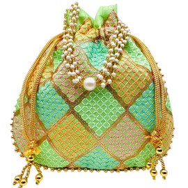 BINDNI ART OF RAJASTHAN Indian Ethnic Women Green Potli Bags Return Gift for Bride Stylish Embroidery Pearl Batwa Purse Ideal for Weddings & Par
