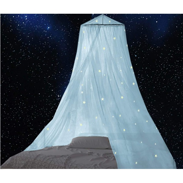 BCBYou Bed Canopy Mosquito Net with Fluorescent Stars Glow in Dark for Baby, Kids, and Adults, for Cover The Baby Crib, Kid Bed, Girls Bed Or Full Size Bed (Light Blue)