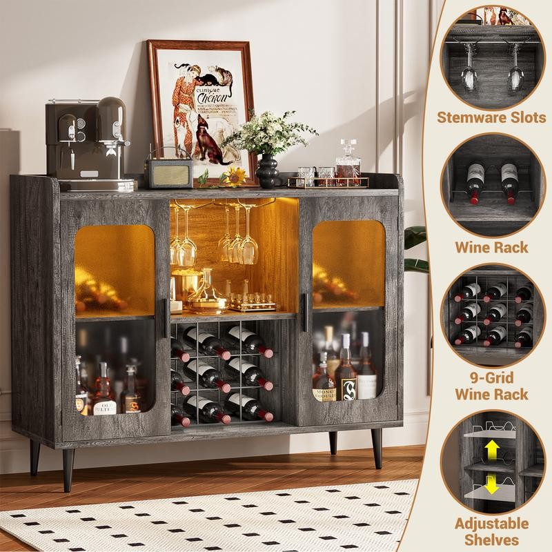 Wine Bar Cabinet with Power Outlet & LED Light Home