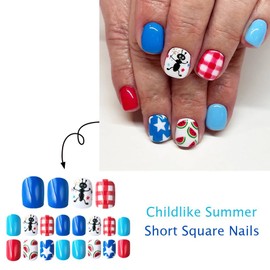 Independence Day Press on Nails Short Square Fake Nails Red Blue Artificial False Nails 4th of July Glossy Glue on Nails with Star Watermelon Ants Designs Full Cover Squoval Acrylic Nails 24PCS