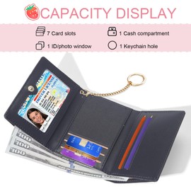 Modacarry Small Cute Wallet with Strawberry Coquette Bow Print ID Credit Card Holder for Women Girls (BLACK)