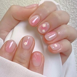 YEFIUO Spring Square Press On Nails Short - 24 Pcs Pink Extra Short Fake Nails Press ons,Rose Pink Ombre French Nail Tip Acrylic Nail Kit,Artificial Acrylic False Nails with Flowers Design for Women