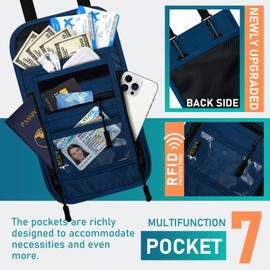 sundee Travel Neck Wallet with Double Zippers, RFID Blocking Passport Holder with Adjustable Neck Strap for Men and Women to Keep Cash, Credit Cards and Travel Documents Safe, Navy Blue, Small,
