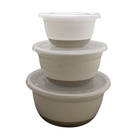 Dependable Industries inc. Essentials 3-Piece Plastic Mixing Bowl Set with Lids – Nesting, Dishwasher & Microwave Safe, Non-Slip Base for Mixing, Storing, Serving & Meal Prep (Gray)