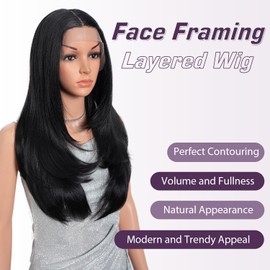 Joedir Long Straight Black Wig Synthetic Layered Wigs for Women Brunette Synthetic Hair Wig with Fringe for Daily Party Cosplay Use 24 Inches