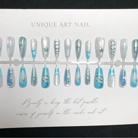 30Pcs Medium Press on Nails Coffin Fake Nails Silver Snake Glue on Nails with Star Butterfly Design Blue French Tip Stick on Nails Y2k False Nails Handmade Acrylic Nails for Women Manicure Supplies