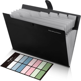 SKYDUE Document Folder A4, Folder with 8 Compartments, A4 Expanding Folder with Labels, Portable Organiser Folder System, Document Folder for Home, Office, School and Travel (Black)