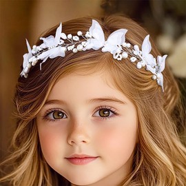 Campsis Butterfly Flower Girl Headpiece White Crystal Wedding Hair Band Bead First Communion Headband for Women and Girls