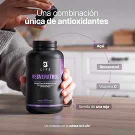B Life Resveratrol 200 Cápsulas | Antioxidante de 1000mg por porción | Pimienta Negra, uva Roja, Acai y Vitamina C. Ingredientes Naturales.