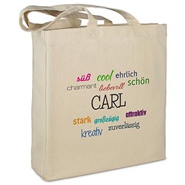Fabric Bag with Name Carl - Positive Features Motif - Beige - Fabric Bag, Jute Bag, Shopping Bag, Bag