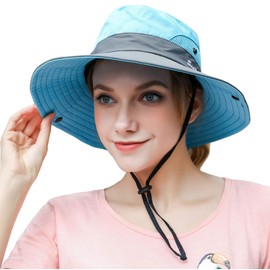 Muryobao Paquete de 2 gorros de verano para mujer, protección UV, ala ancha, plegable, safari, Paquete de 2 – azul cielo y rosa, Talla única
