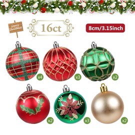 SVNVIOZ Red Green Gold Christmas Baubles Decorations, 16Pcs 8cm Christmas Tree Ball Ornaments Set, Xmas Tree Decorations Shatterproof Christmas Balls for Christmas Tree Decoration