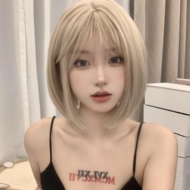 Sizuuenn Women's Full Wig, Short Bob, Bangs, Blonde, White Gold, Wig, Small Face, Fashion, Heat Resistant Wig, High Temperature Hair Yarn, Cosplay Wig, Dedicated Network, For Events, School Festivals,
