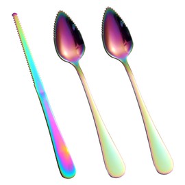 3pcs Serrated Grapefruit Spoons and Knife Set, Stainless Steel Grapefruit Curved Serving Utensils for Citrus Lemon Kiwi Melon Lime Apple Puree Pitaya Fruit Eating Tool (Colorful)