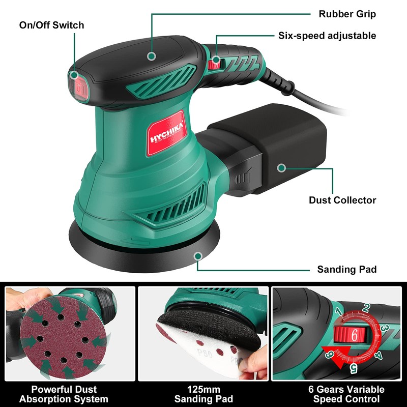 5-Inch Random Orbital Sander, HYCHIKA 13000RPM Electric Orbital Sander with