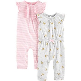 Simple Joys by Carter's Baby Girls' 2-Pack Fashion Jumpsuits, Grey Swans/Pink Stripe, 0-3 Months