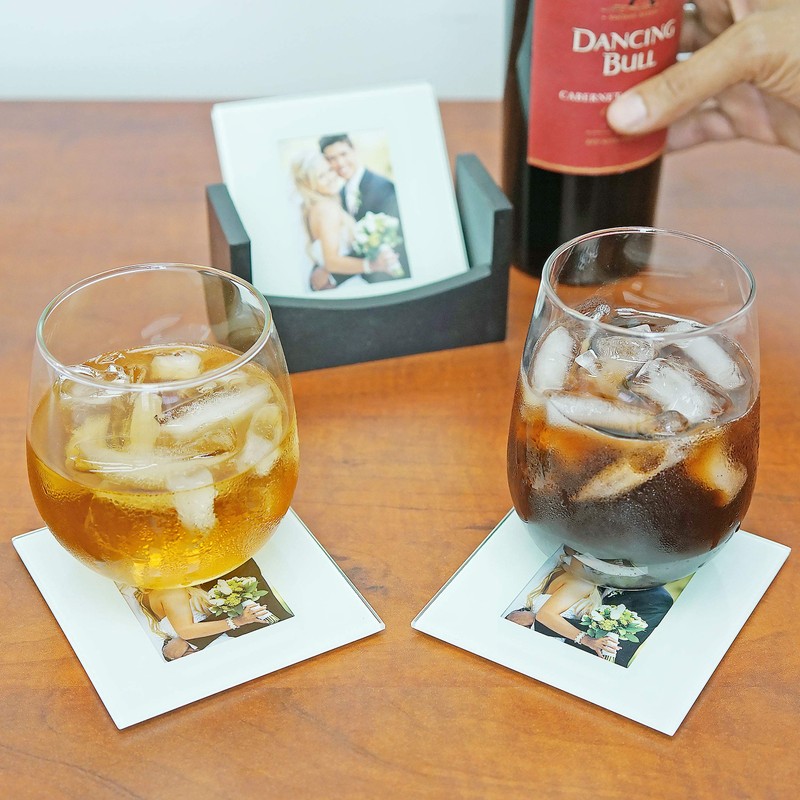 Glass Photo Frame Coasters with Wooden Rack – Customizable 2x3