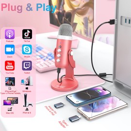 ZealSound Gaming USB Microphone,Pink Microphone with Mute for Phone Computer PC PS 4&5 Mac,Singing Mic with Gain Control,Echo&Monitor Volume Adjust for Streaming Vocal Recording ASMR Podcast Video K66