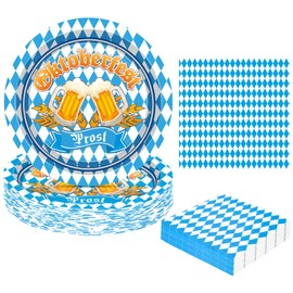 QZYL 50 Sets Oktoberfest Party Plates and Napkins Sets, 9" Disposable Beer Festival Paper Plate, Round German Party Decorations, Blue and White Flag Check Tableware Set for Oktoberfest Decorations