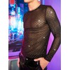 WDIRARA Men's Rhinestone Trim Mesh Sheer Long Sleeve Round Neck