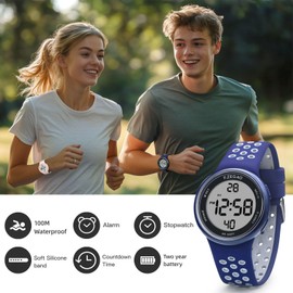 F.ZEGAO Digital Watch for Mens Womens, 100M Waterproof Watches for Swimming, Outdoor Sports Watches Multifunction Alarm Countdown Stopwatch Dual-Time Luminous Display Blue Silicone Strap