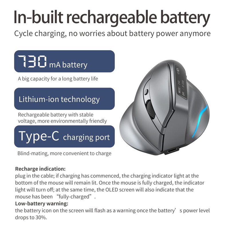 zelotes Bluetooth Kabellose Maus,Wiederaufladbar Vertikale Maus mit Display,6 Tasten,3200DPI Ergonomische