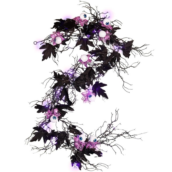 RECUTMS Black Halloween Hanging Garland with 2pcs Purple Lights Strings