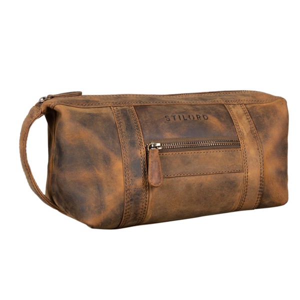 STILORD 'Bruno' Leather Toiletry Bag Vintage for Men Women Large Toiletry Bag Two Compartments Wash Bag with Handle for Travel, Medium - Brown, Toiletry bag