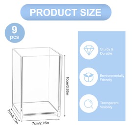 RETON 9 Pack Acrylic Pen Holder, Clear Square Pencil Pen Pot for Desk, Transparent Makeup Brush Holder, Stationary Organiser Pencil Pots for Classroom, Home, Office, School