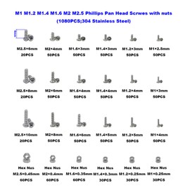 HVAZI Metric M1 M1.2 M1.4 M1.6 M2 M2.5 304 Stainless Steel Phillips Pan Head Tiny Machine Screws Nuts Assortment Kit