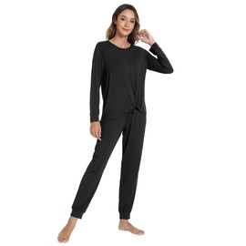 WiWi Womens Pajamas Set - Viscose from Bamboo, Long Sleeve Sleepwear Tops with Jogger Pants Lounge Pjs Sets S-XXL, Black, Large