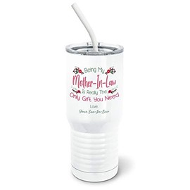 PixiDoodle Mother In Law Tumbler with Spill-Resistant Slider Lid and Silicone Straw - Mother Son Mothers Day Mother In Law (20 oz Tall Tumbler, White)