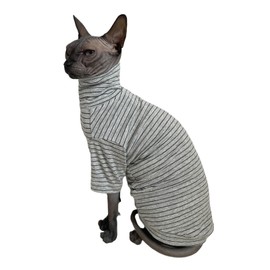Vintage Stripes Sphynx Hairless Cats Shirt Cotton Cat Turtleneck Pet Clothes Kitten T-Shirts with Sleeves for Sphynx Cornish Rex, Devon Rex, Peterbald (Grey Stripe, X-Large (Pack of 1))