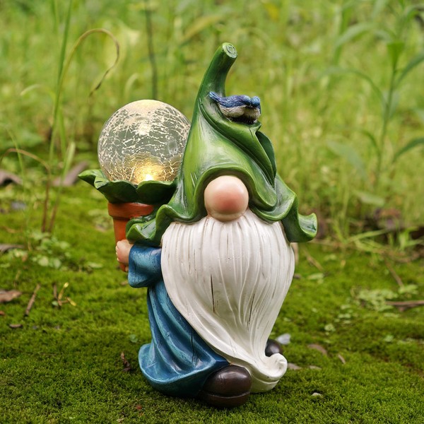 LoveNite Garden Gnome Statue, Solar LED Garden Lights, Resin Gnome Figurine Night Lamps for Yard Patio Lawn Porch St. Patric's Day Outdoor Decor 10.8'' x 7.9'' x 4.7''(Blue)