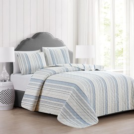Market & Place 3 Piece Reversible Quilt Set with Shams | All-Season Soft & Lightweight Bedspread with Modern Striped Pattern | Sofia Collection (Full/Queen, Ivory/Blue)